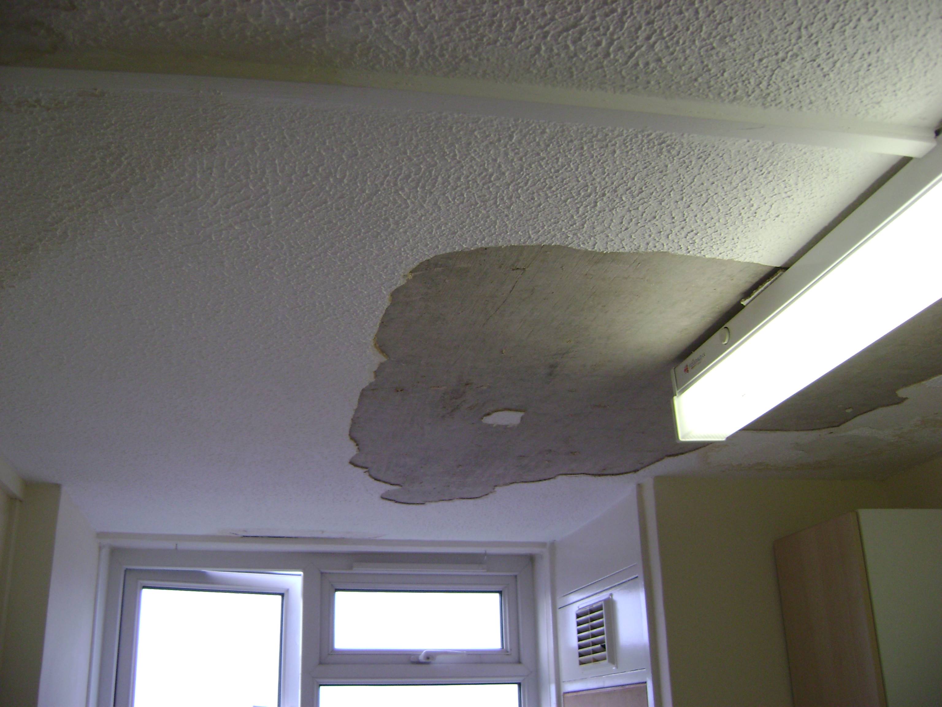 This ceiling was damaged by a leak in the flat above.